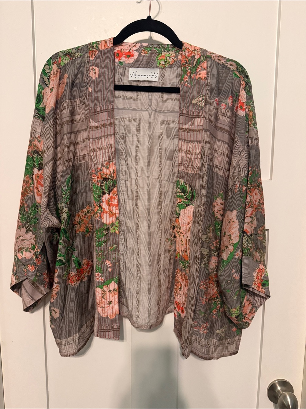 One Hundred Stars Neon Rose Beige Floral Open-Front Kimono Bohemian Blouse